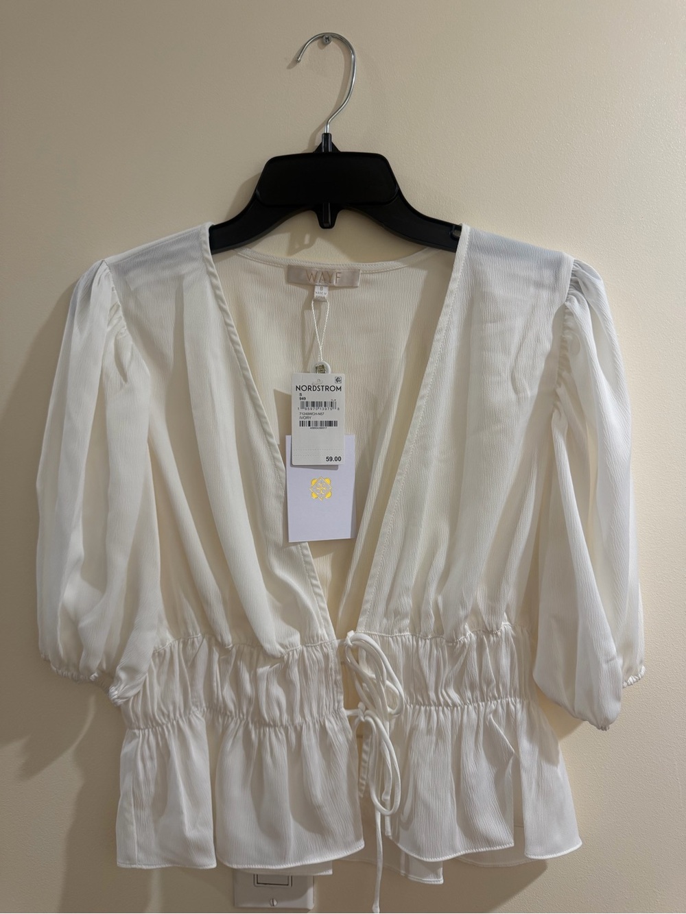 Wayf White Puff Sleeve Tie-Front Blouse